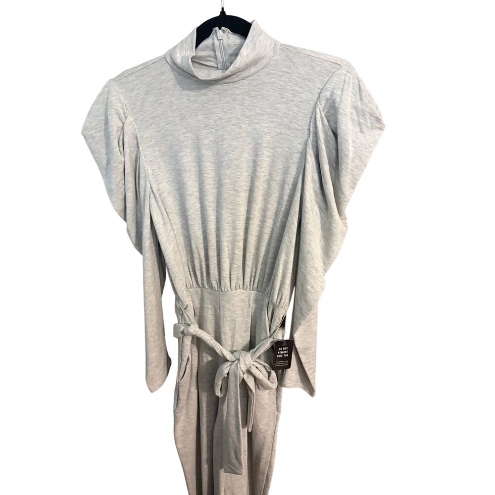 Express Gray Mock Neck Tie Waist Jumpsuit XS Rayon Spandex Pockets Puff Sleeve